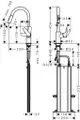 Küchenmischer von Hansgrohe mit Einhebelbedienung, Ausziehbrause und zwei Strahlarten. Technische Zeichnung mit Maßangaben und Montagehinweisen.